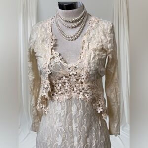 Vintage 2-Piece Claire Pettibone Elegant Cream Bridal Lace Slip/Bolero Set Sz S